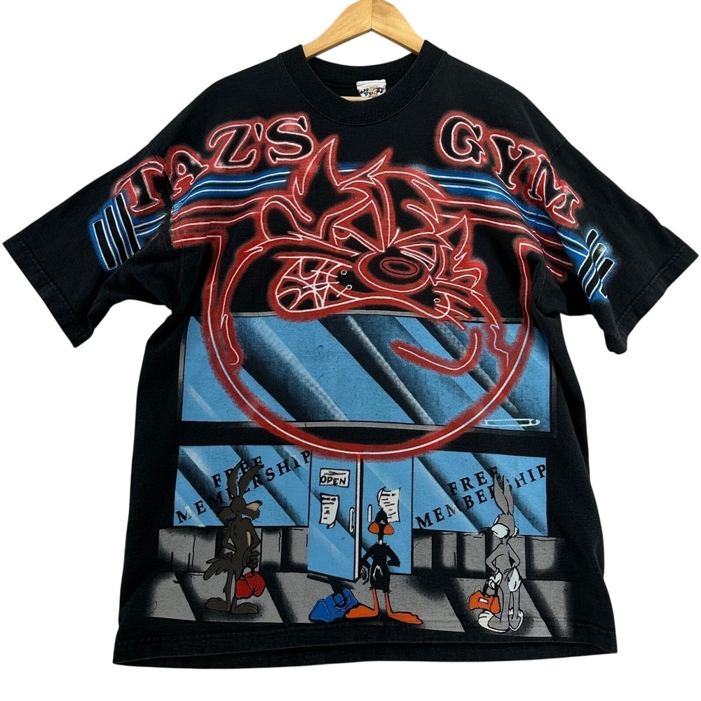 1995 Taz's Gym Looney Tunes Black XL RARE Neon Freeze Shirt VTG 90s Full Print